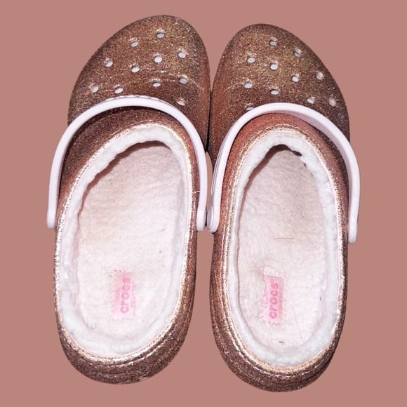 Crocs Big Girls Rose Glitter Fleece Lined Clogs Size J 6 - Picture 3 of 5
